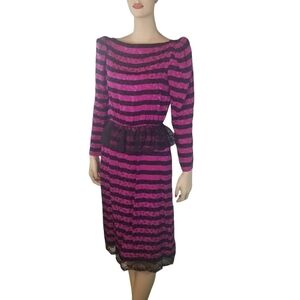 Vtg 80s striped polka dot silk puff sleeve ruffle peplum dress